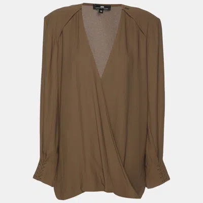 Pre-owned Elisabetta Franchi Khaki Crepe Camicia Blouse L In Green