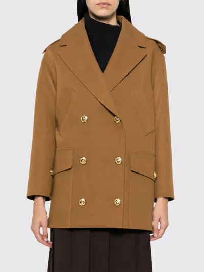 Elisabetta Franchi Knee-length Double-breasted Scuba Coat With Metallic Buttons In Brown