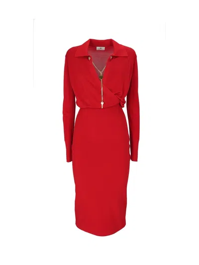 Elisabetta Franchi Knee-length Fitted Dress With Gold Chain Detail In Red