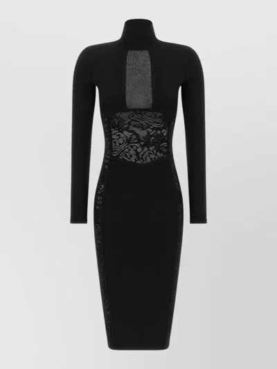 Elisabetta Franchi Knit Bodycon Dress Lace High Neck In Black