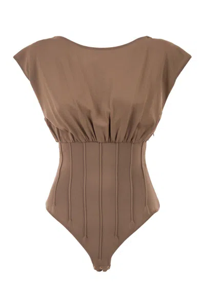 Elisabetta Franchi Knit Bodysuit With Deep Neckline And Jewel Detail In Brown