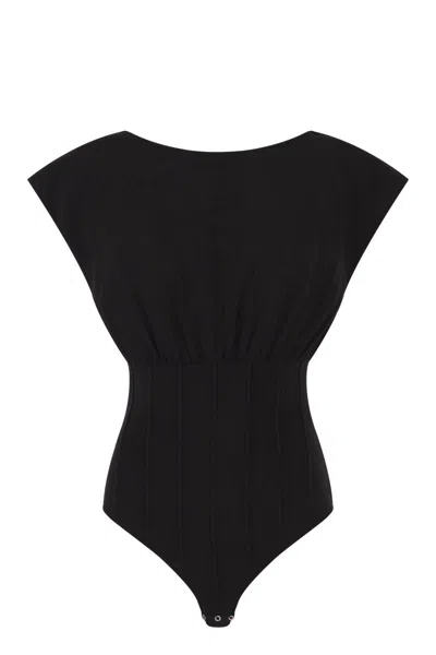 Elisabetta Franchi Knit Bodysuit With Deep Neckline And Jewel Detail In Black