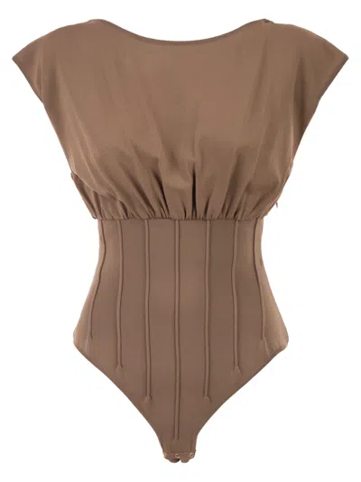 Elisabetta Franchi Knit Bodysuit With Deep Neckline And Jewel Detail In Neutral