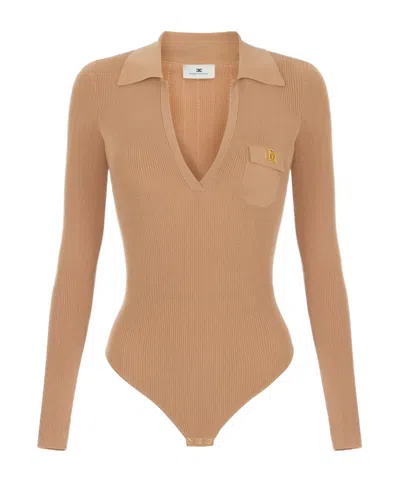 Elisabetta Franchi Knit Bodysuit With Openwork Embroideries In Brown