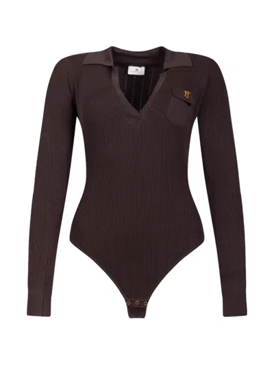 Elisabetta Franchi Knit Bodysuit With Openwork Embroideries In Brown