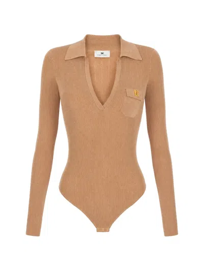 Elisabetta Franchi Knit Bodysuit With Openwork Embroideries In Neutrals