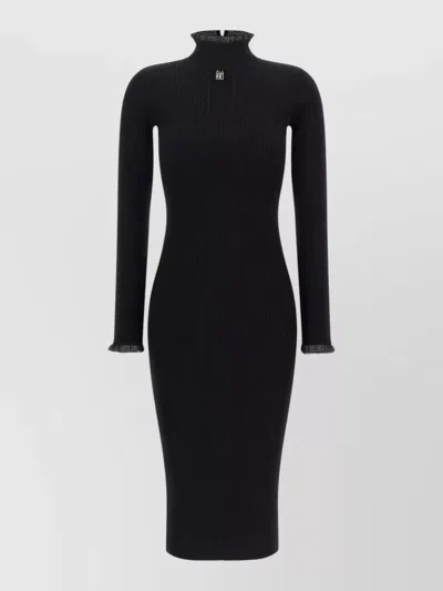Elisabetta Franchi Knit Dress High Neck Lace Trim In Black