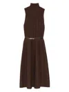 Elisabetta Franchi Ribbed Turtleneck Belted Maxi Dress In Brown