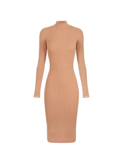 Elisabetta Franchi Knit Dress With Logo Detail In Brown