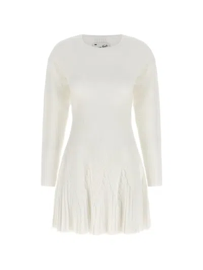 Elisabetta Franchi Knit Dress Long Sleeves Pleated Round Neck In White