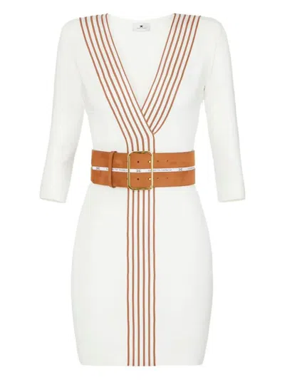 Elisabetta Franchi Knit Fabric Dress With Striped Bands Clothing In White