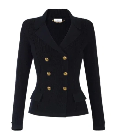 Elisabetta Franchi Knit Jacket With Jewel Buttons In Blue
