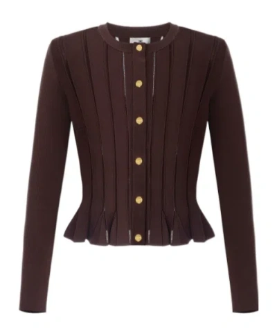 Elisabetta Franchi Knit Jacket With Openwork Details In Brown