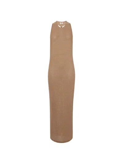 Elisabetta Franchi Knit Jewel Twisted Necklace Dress In Neutral