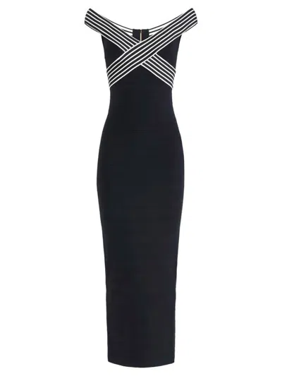 Elisabetta Franchi Knit Long Dress With Striped Bands Clothing In Black