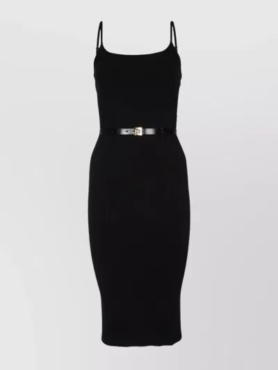 ELISABETTA FRANCHI KNIT MIDI DRESS WITH SPAGHETTI STRAPS AND BELTED WAIST
