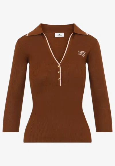 Elisabetta Franchi Knit Polo Sweater In Brown