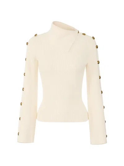 Elisabetta Franchi Fitted Long Sleeve Turtleneck Sweater With Asymmetrical Collar In Neutral