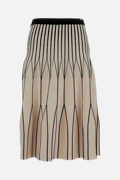 Elisabetta Franchi Beige Midi Skirt In Stretch Knit In Multi