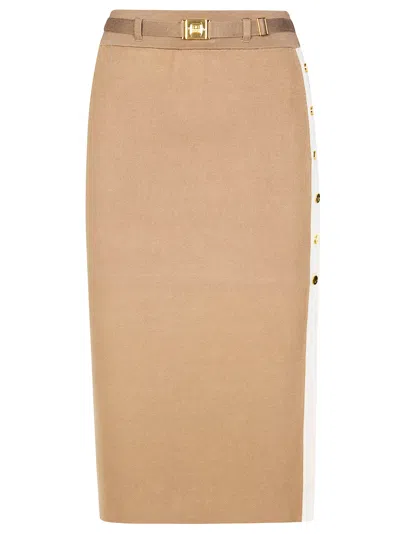 Elisabetta Franchi Knit Skirt With Shiny Viscose Bands In Beige