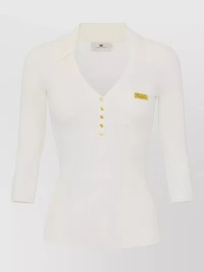 Elisabetta Franchi Slim Fit Ribbed Long-sleeve Polo Shirt With Button Placket In White