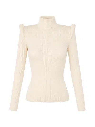 Elisabetta Franchi Knit Turtleneck Top With 3d Details In Neutrals
