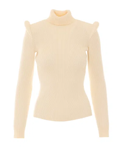 Elisabetta Franchi Knit Turtleneck Top With 3d Details In Neutral