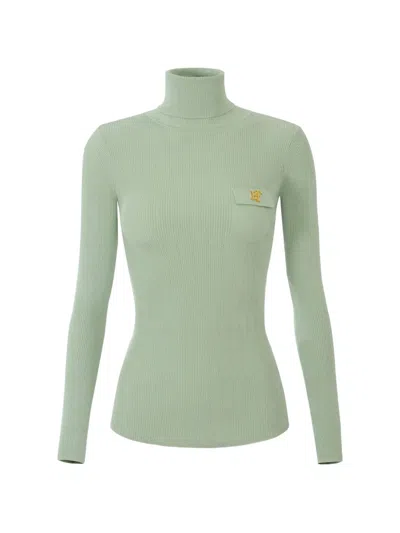 Elisabetta Franchi Knit Turtleneck Top With Openwork Embroideries In Green