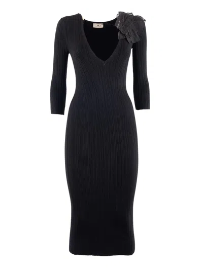 Elisabetta Franchi Knitted Dress With Deep V-neck In Blue