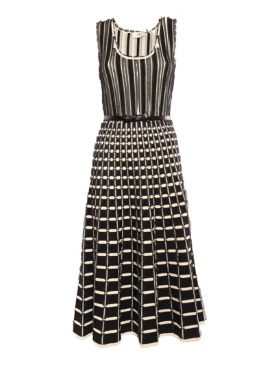 Elisabetta Franchi Belted Organza Striped Midi Dress In Black