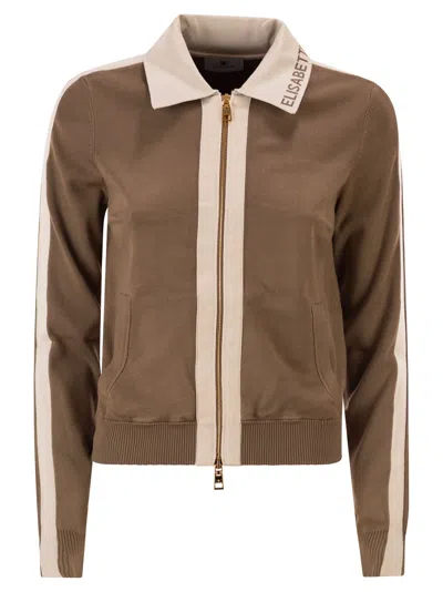 Elisabetta Franchi Knitted Jacket With Shiny Viscose Stripes In Brown