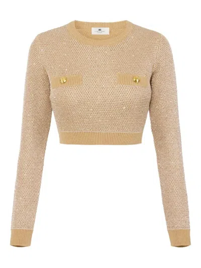 ELISABETTA FRANCHI KNITTED LONG-SLEEVED CROPPED TOP WITH SEQUINS