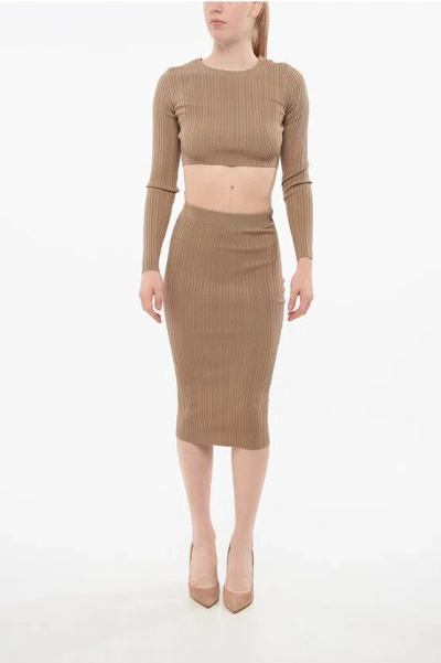 Elisabetta Franchi Knitted Midi Dress With Cut-out In Brown
