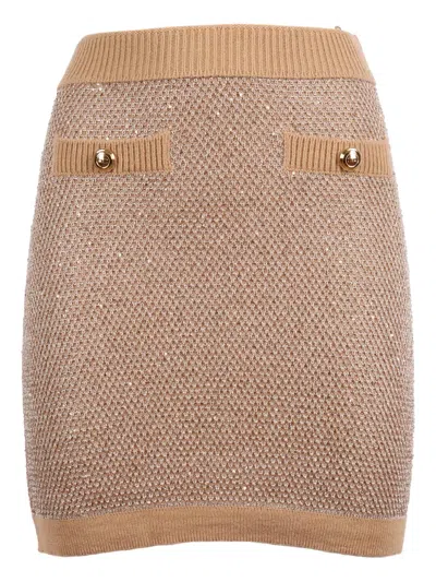 Elisabetta Franchi Beige Textured Knitted Button Mini Skirt In Brown