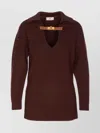 Elisabetta Franchi Knitwear Collared Design Long Sleeves Ribbed Texture V-neckline In Burgundy