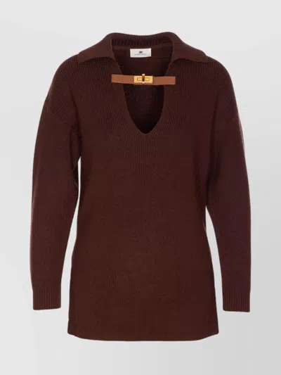ELISABETTA FRANCHI KNITWEAR COLLARED DESIGN LONG SLEEVES RIBBED TEXTURE V-NECKLINE