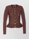 Elisabetta Franchi Textured Ribbed Fitted Cardigan With Peplum Hem In Brown