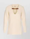 Elisabetta Franchi Knitwear With Buckle Detail And V-neckline In Neutral