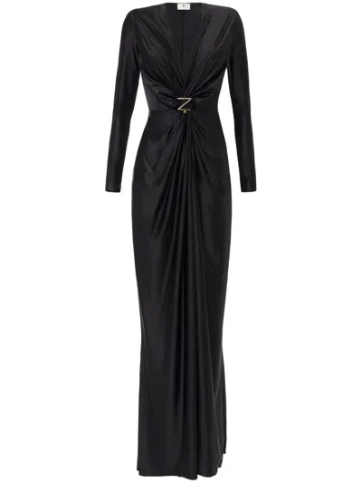 Elisabetta Franchi Jersey Gown Draped V Neckline Maxi In Black