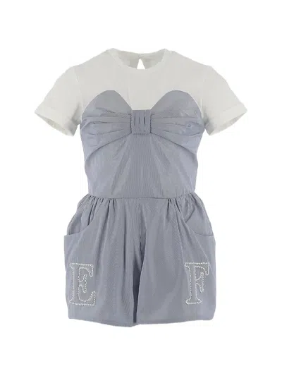 Elisabetta Franchi La Mia Bambina Bow Striped Playsuit In Blue
