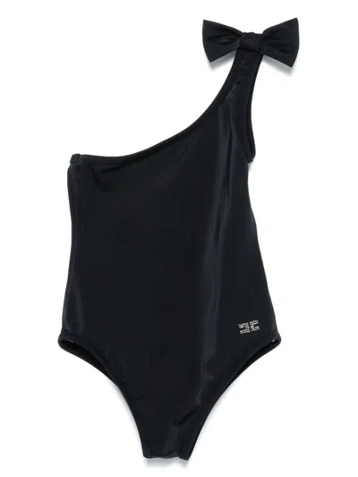 Elisabetta Franchi La Mia Bambina Kids' Crystal-embellished Logo Swimsuit In Black