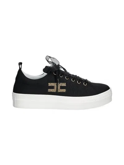 Elisabetta Franchi La Mia Bambina Kids' Crystal-embellished Ribbon Sneakers In Black