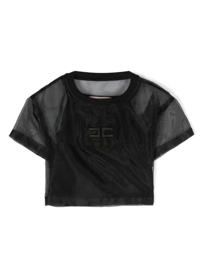 Elisabetta Franchi La Mia Bambina Kids' Logo-embroidered Semi-sheer Blouse In Black