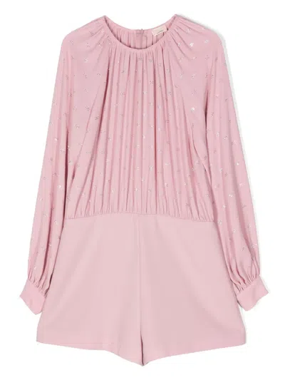 Elisabetta Franchi La Mia Bambina Kids' Rhinestone-embellished Pleated Playsuit In Pink