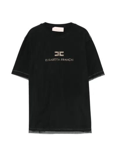 Elisabetta Franchi La Mia Bambina Kids' Rhinestone-logo Mesh-overlay T-shirt In Black