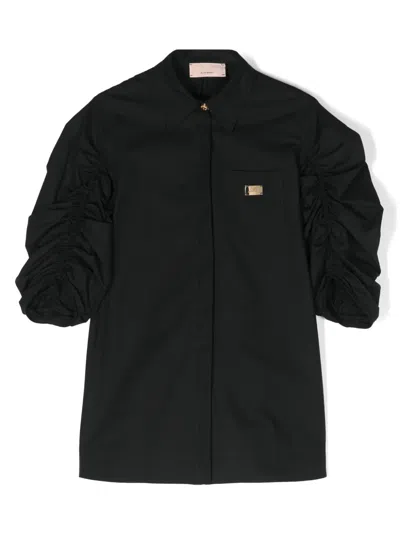 Elisabetta Franchi La Mia Bambina Kids' Ruched Cotton Shirt Dress In Black