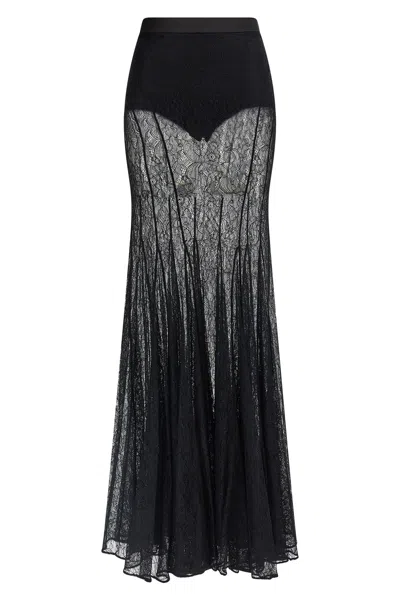 Elisabetta Franchi High Waist Lace Sheer Long Skirt In Black