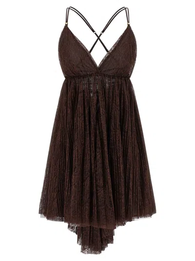 Elisabetta Franchi Lace Mini Dress V Neck Asymmetrical In Brown