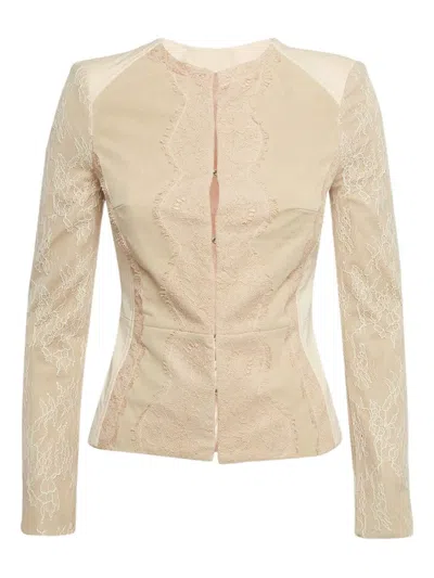 Pre-owned Elisabetta Franchi Lace-panel Fitted Jacket In Neutral