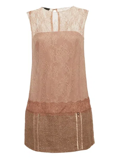 Pre-owned Elisabetta Franchi Lace-panel Tweed-hem Mini Dress In Brown
